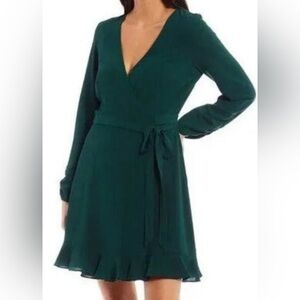 Gianni Bini Forest Green Long Sleeve Ruffle Wrap Mini Dress - Size Medium